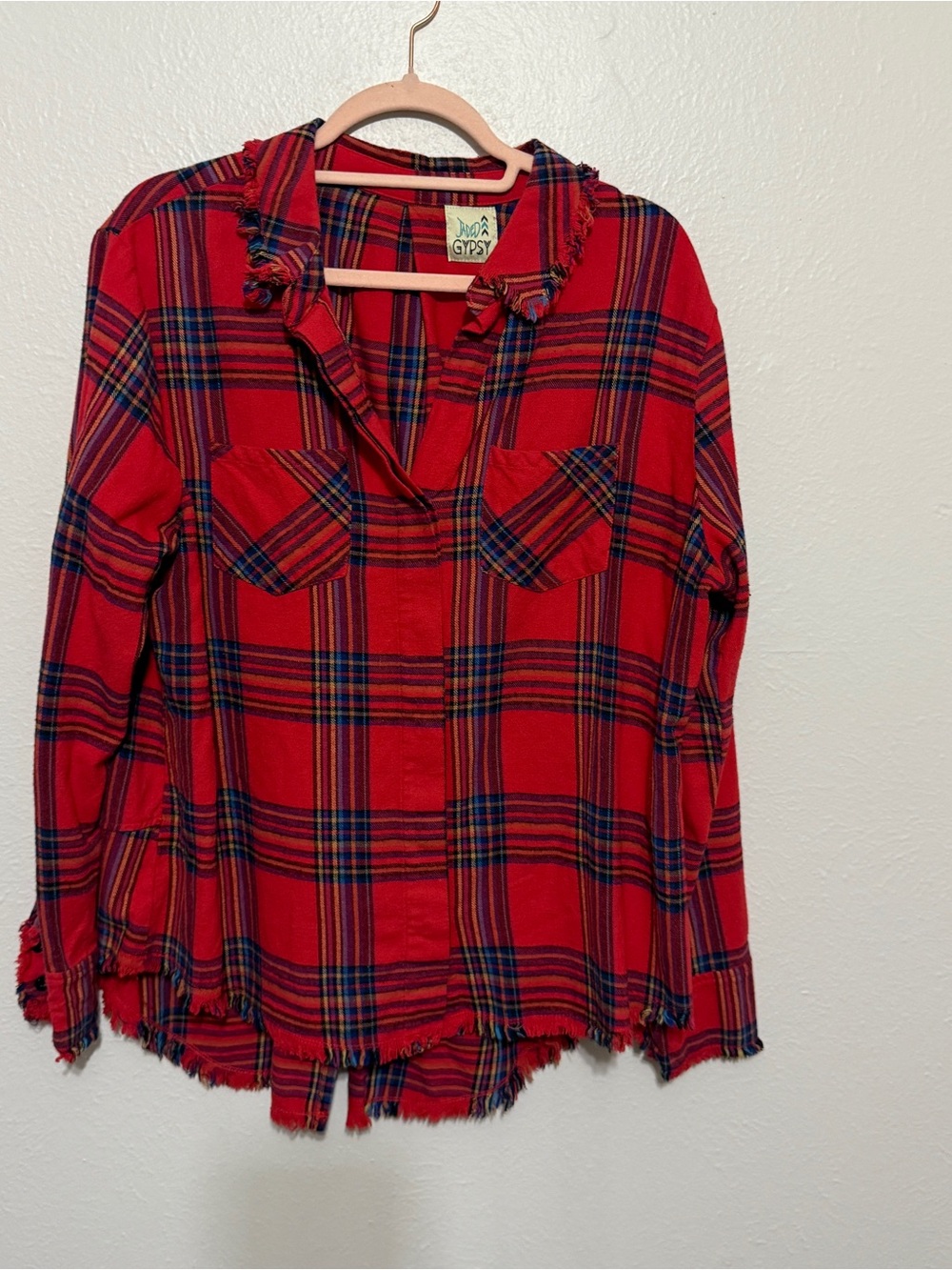 Jaded Gypsy Long‎ Sleeve Red Plaid Button-Up Top Raw Hem S\M Boho Indie Festive